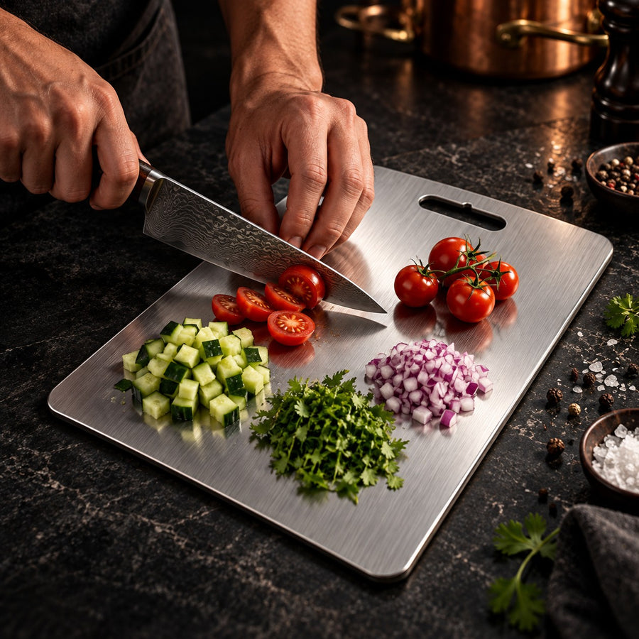 Picando verduras sobre la tabla de acero