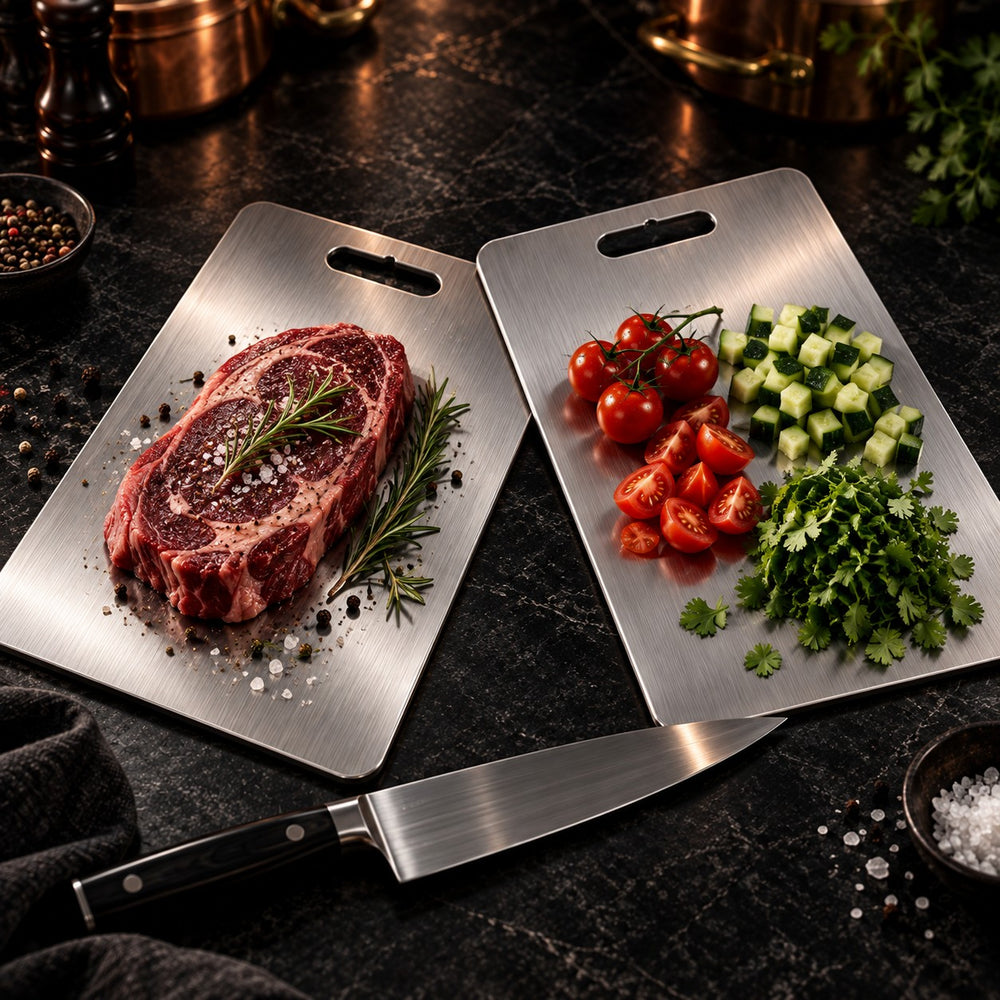 Pack Dúo: dos tablas de acero inoxidable para carnes y verduras