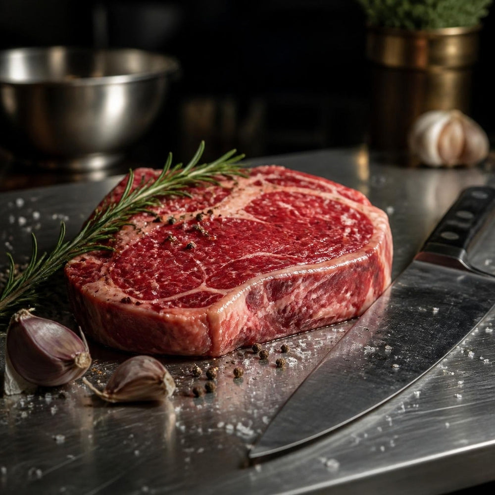 Carne sobre acero inoxidable