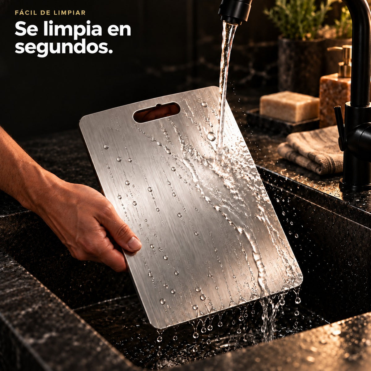 La tabla de acero inoxidable se limpia en segundos bajo la llave