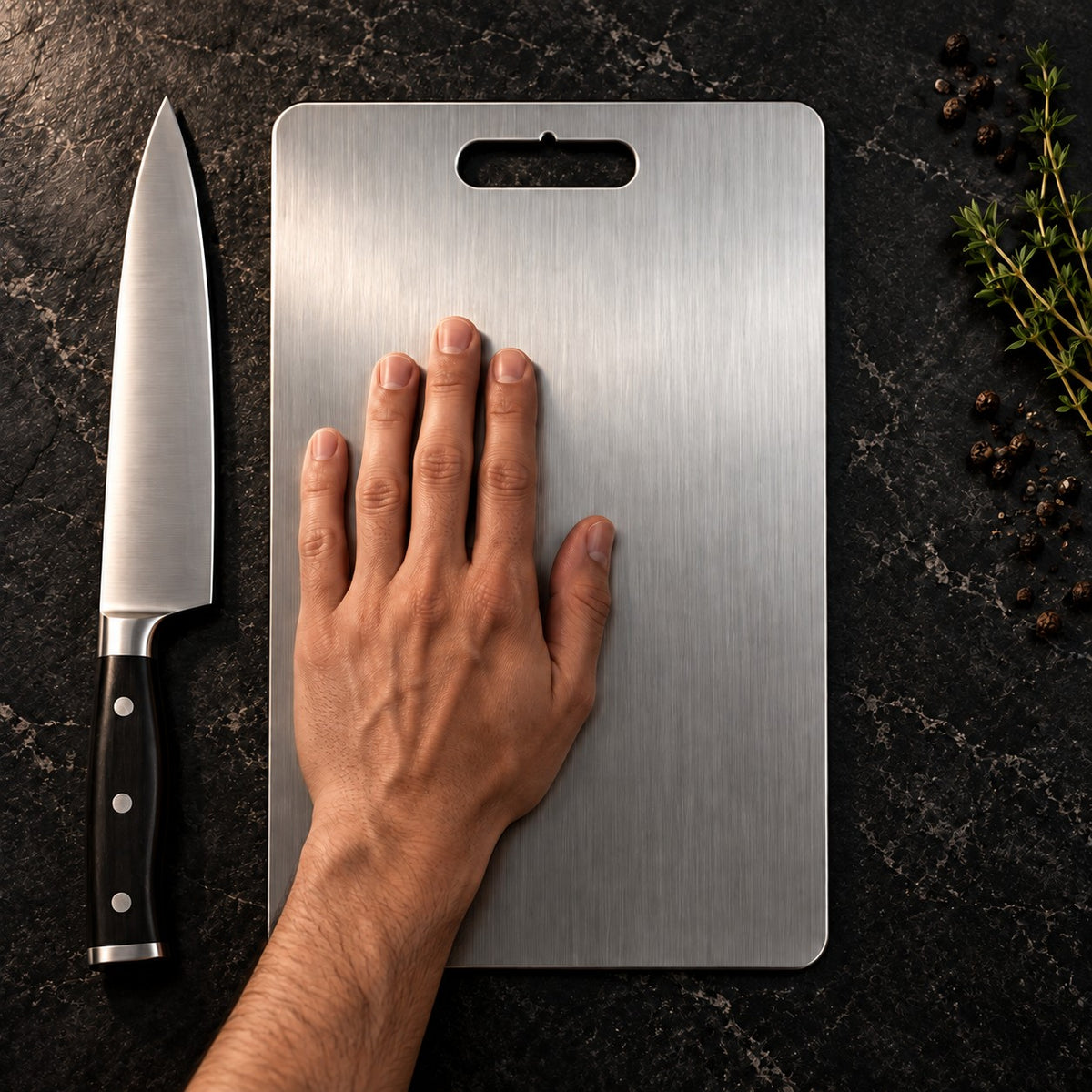 Tamaño real de la tabla de acero junto a una mano y un cuchillo